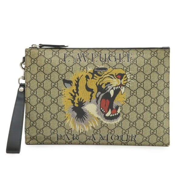Gucci GG Supreme Clutch Bag Second Bag Taiga Tiger Print Leather Khaki